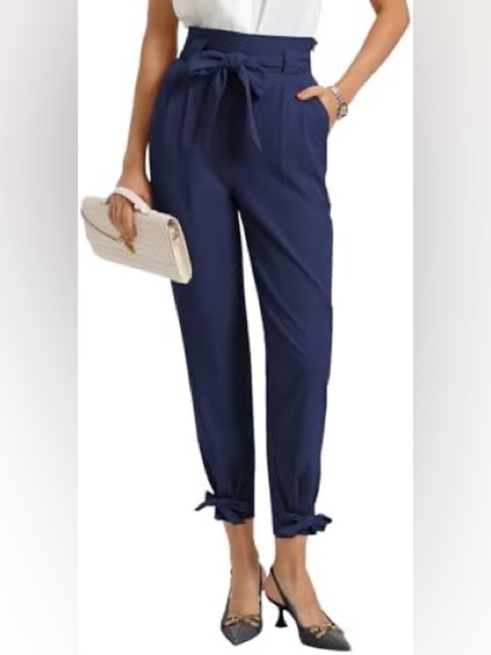 GRACE KARIN Navy Tie Ankle Trousers High Waist Slim Pants Medium